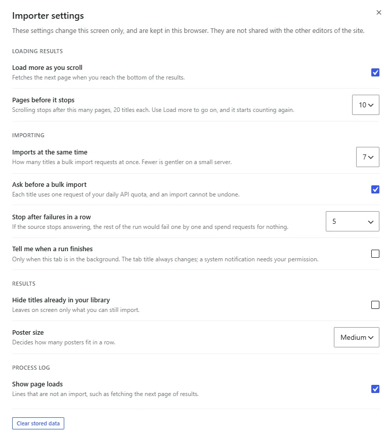 The importer settings panel opened from the gear