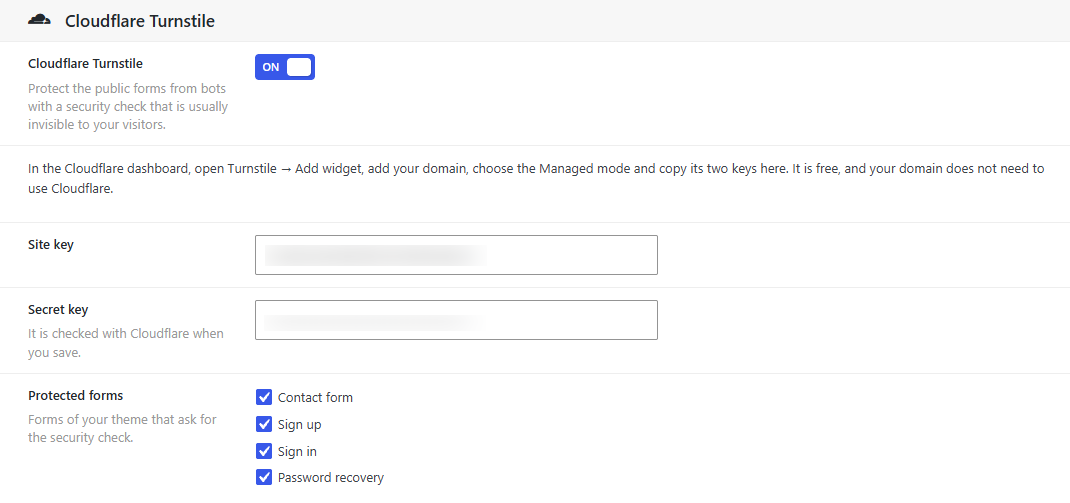 Dbmovies › Settings › Integrations, Cloudflare Turnstile, with the keys and the protected forms