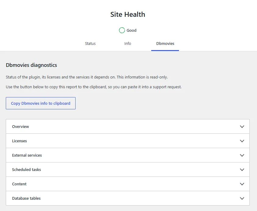 Tools › Site Health, Status tab, with the Dbmovies checks