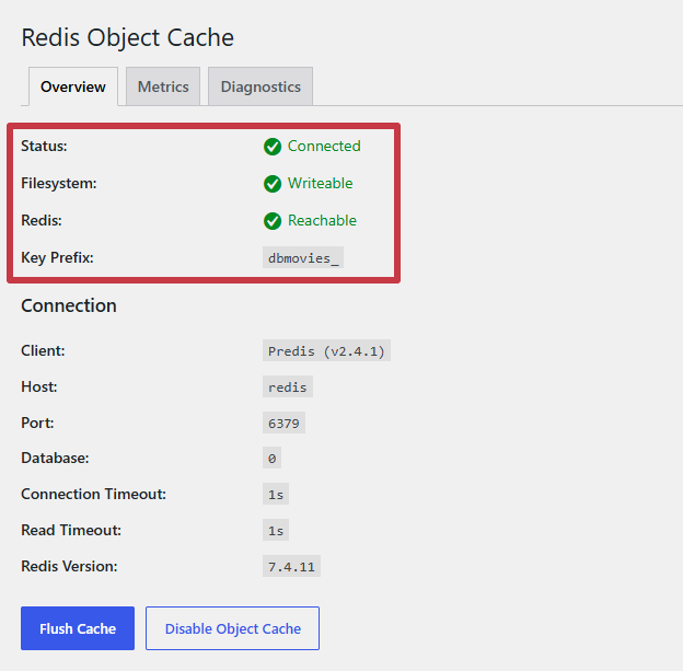 Settings › Redis, with Status Connected