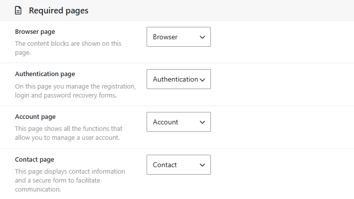 Dbmovies › Settings › Main settings, section Required pages, with each page assigned