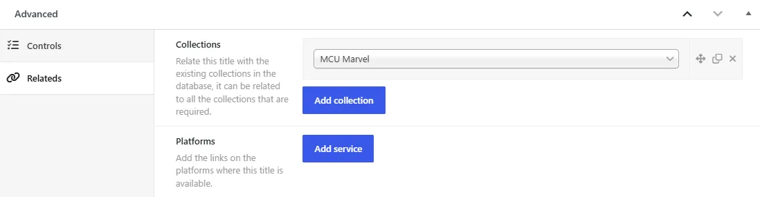 The Advanced box of a movie, Relateds tab, with the Collections field