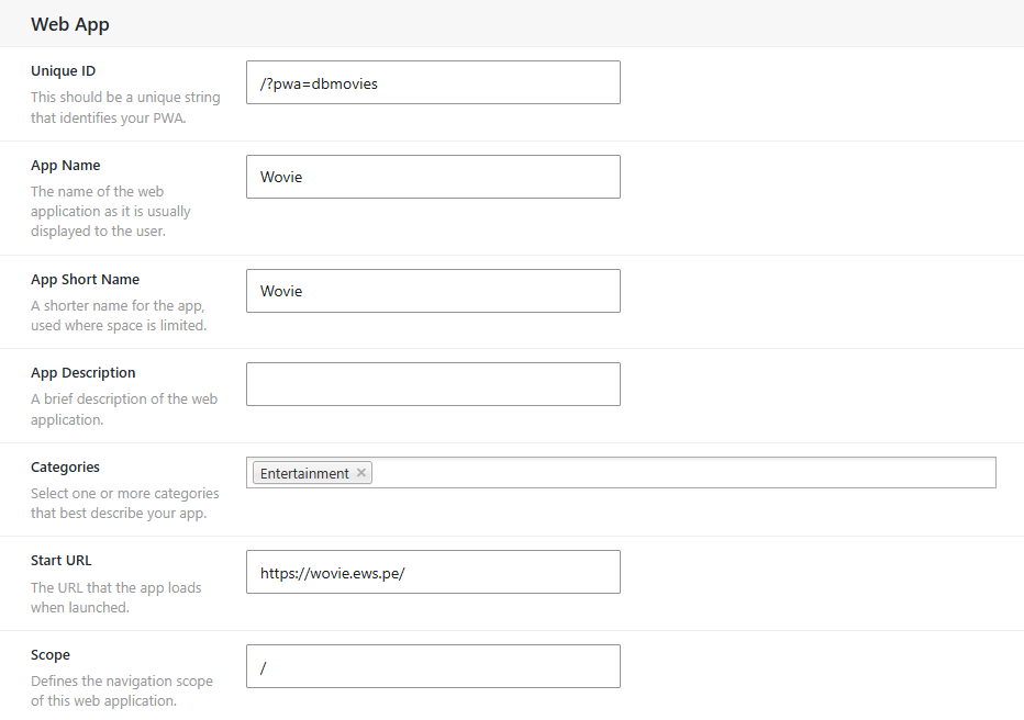 Dbmovies › Settings › PWA, with App Name, App Short Name, App Description and Categories