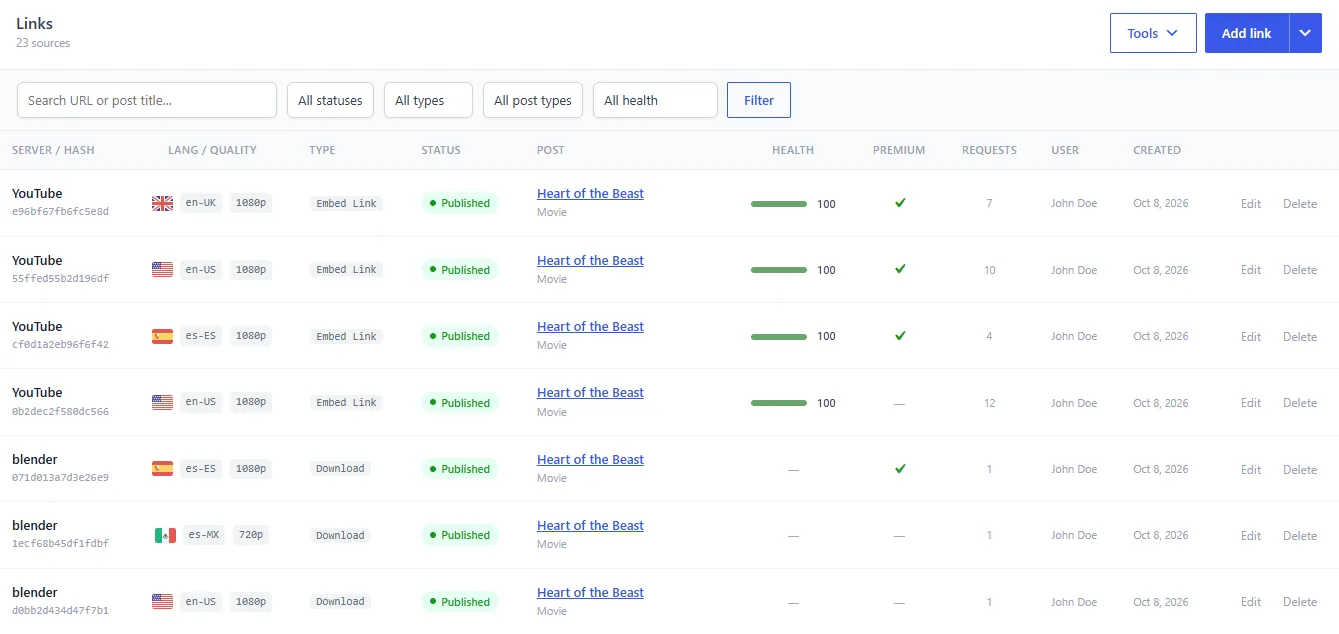 Dbmovies › Links, with the filters, the Tools and Add link buttons, and several links with their health bars