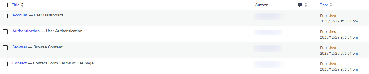Pages › All Pages, with the User Authentication and User Dashboard labels next to the Authentication and Account pages