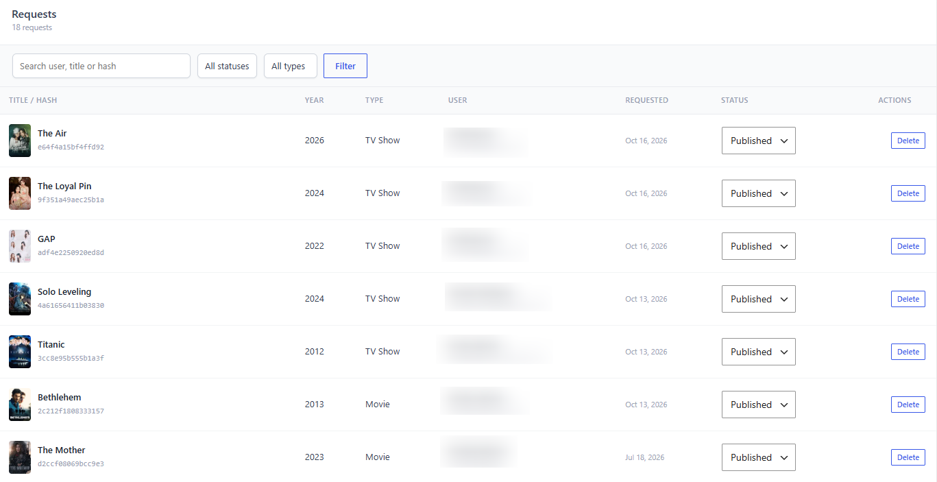 Dbmovies › Requests, with the filters and a list of requests with their status selector and the Import button