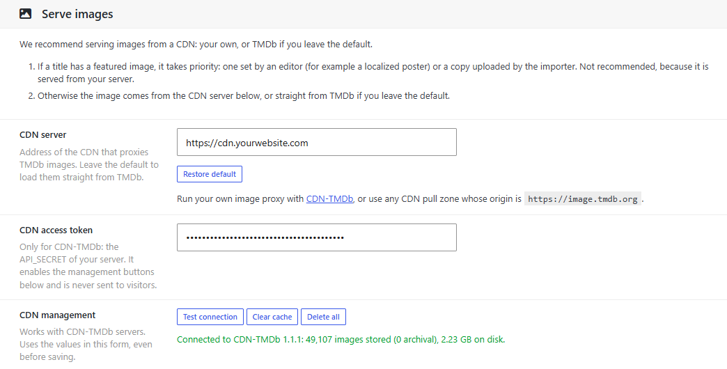 Dbmovies › Settings › Data Importer › Import Images, with CDN server, CDN access token and the CDN management buttons