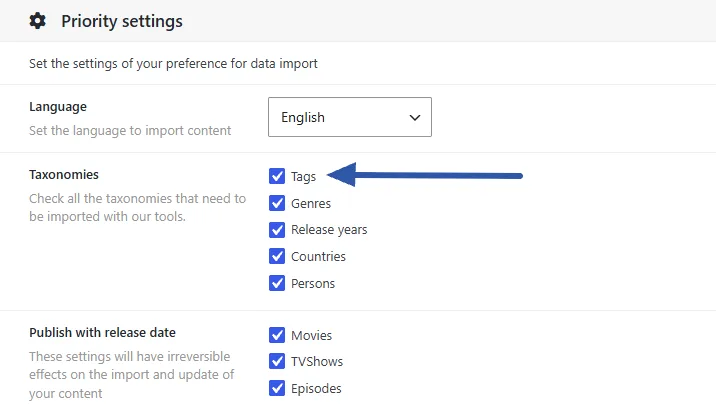 Dbmovies › Settings › Data Importer › Initial settings, Taxonomies option, and Import Limits › Tag Taxonomy
