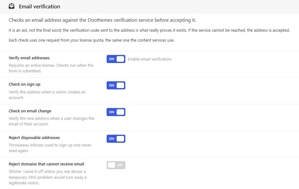 Dbmovies › Settings › Firewall, with Email verification turned on and its four options