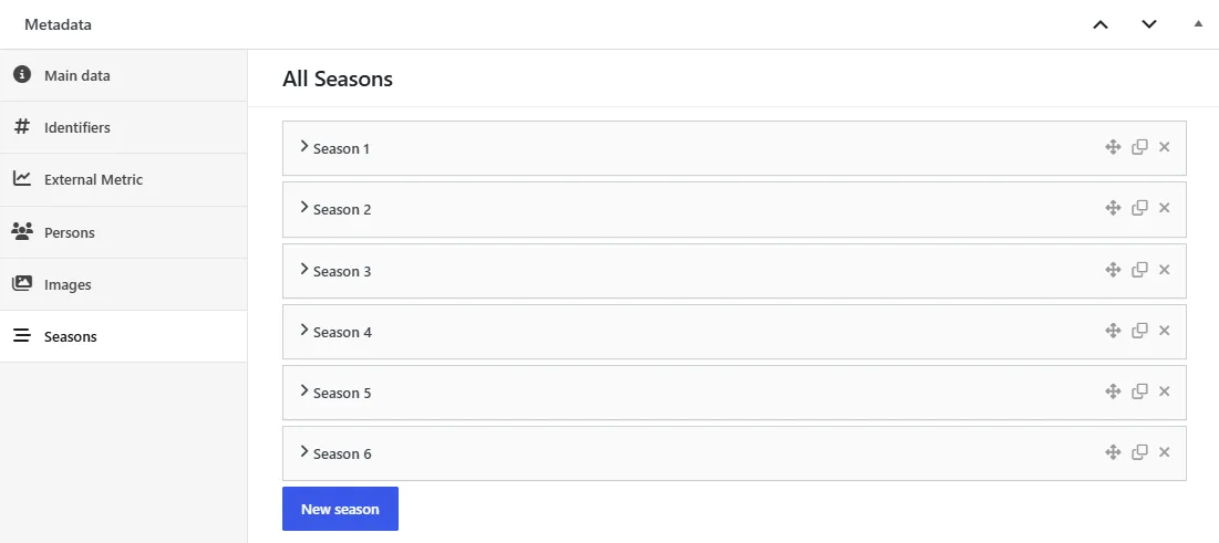 The Seasons tab of a TV show, with two or three seasons listed