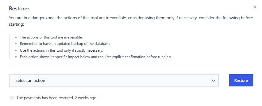 Dbmovies › Tools › Restorer, with an action selected and its Impact notice