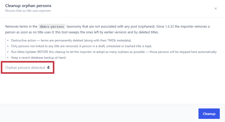 The Cleanup orphan persons panel in the importer, before starting, with its warnings