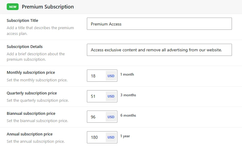 Dbmovies › Settings › Subscriptions › Finance, with the four plan prices and the currency options