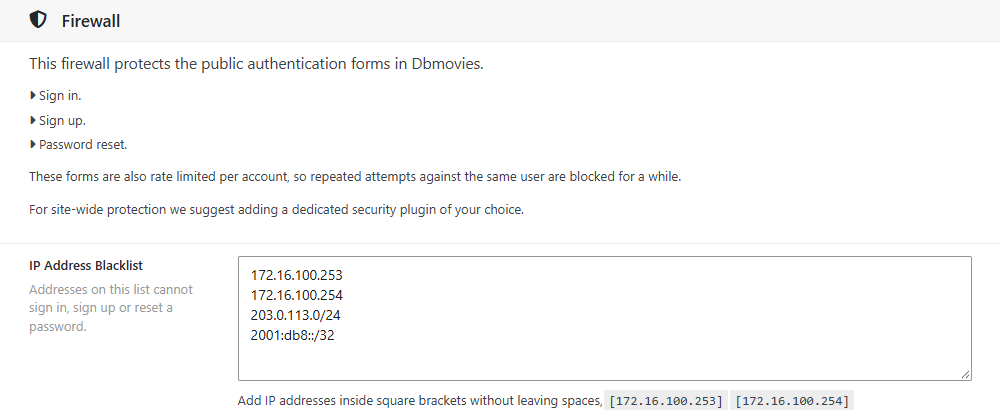 Dbmovies › Settings › Firewall, with the IP Address Blacklist and a few addresses and ranges