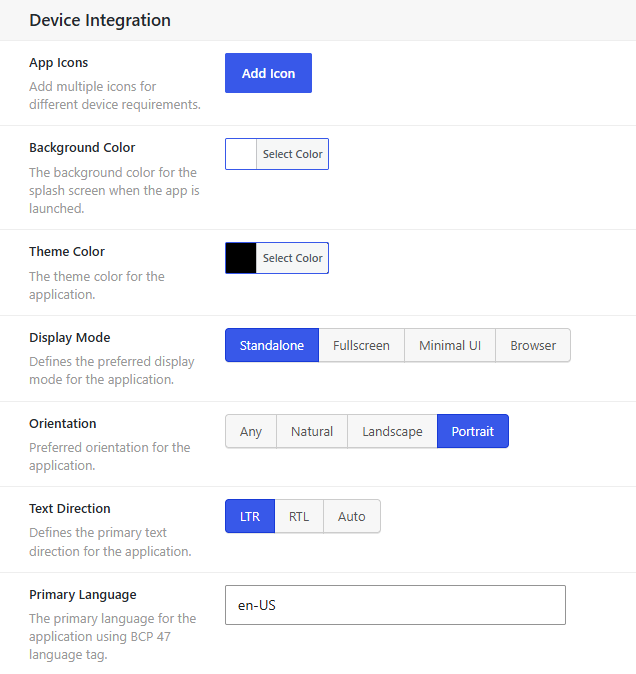 Dbmovies › Settings › PWA, with App Icons, the colors, Display Mode and Orientation