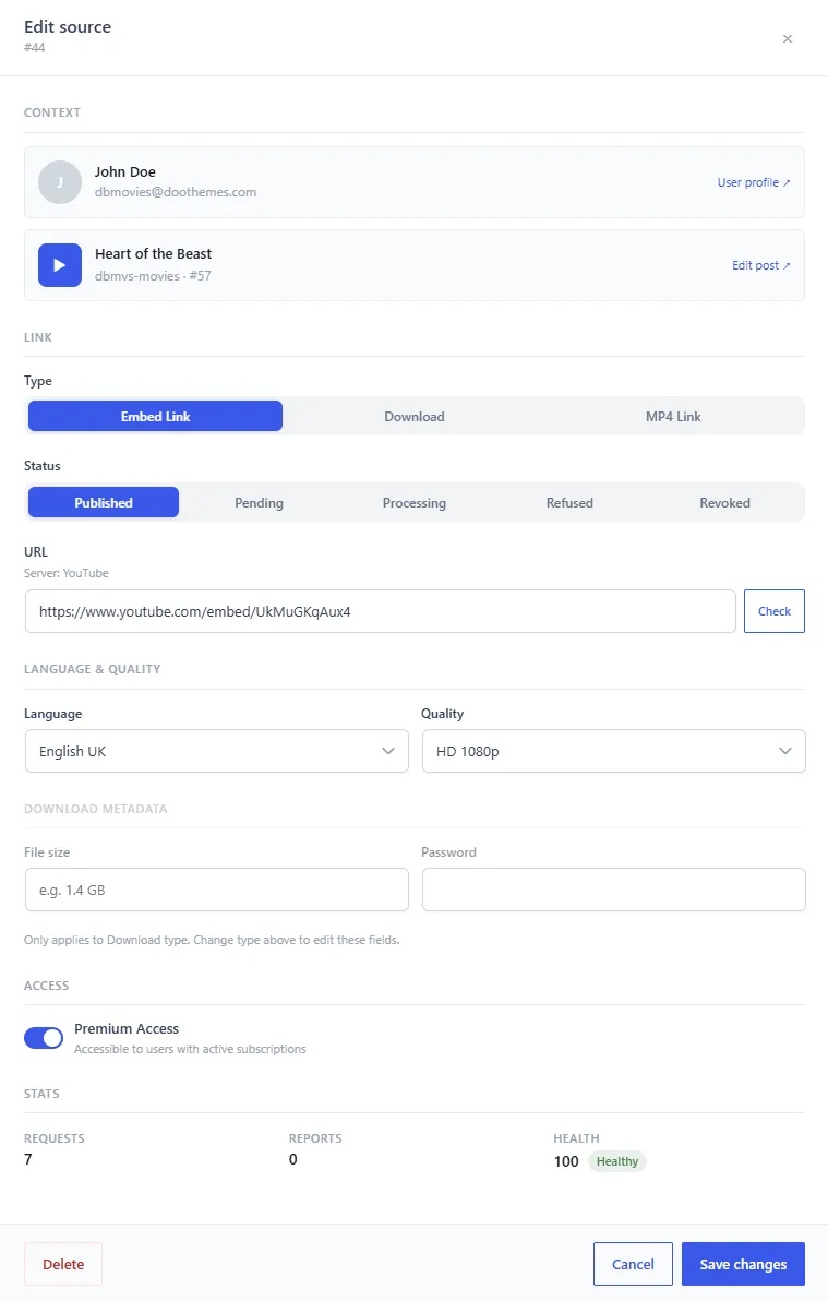 The edit panel of a link, with its URL, status, type, language, quality and health