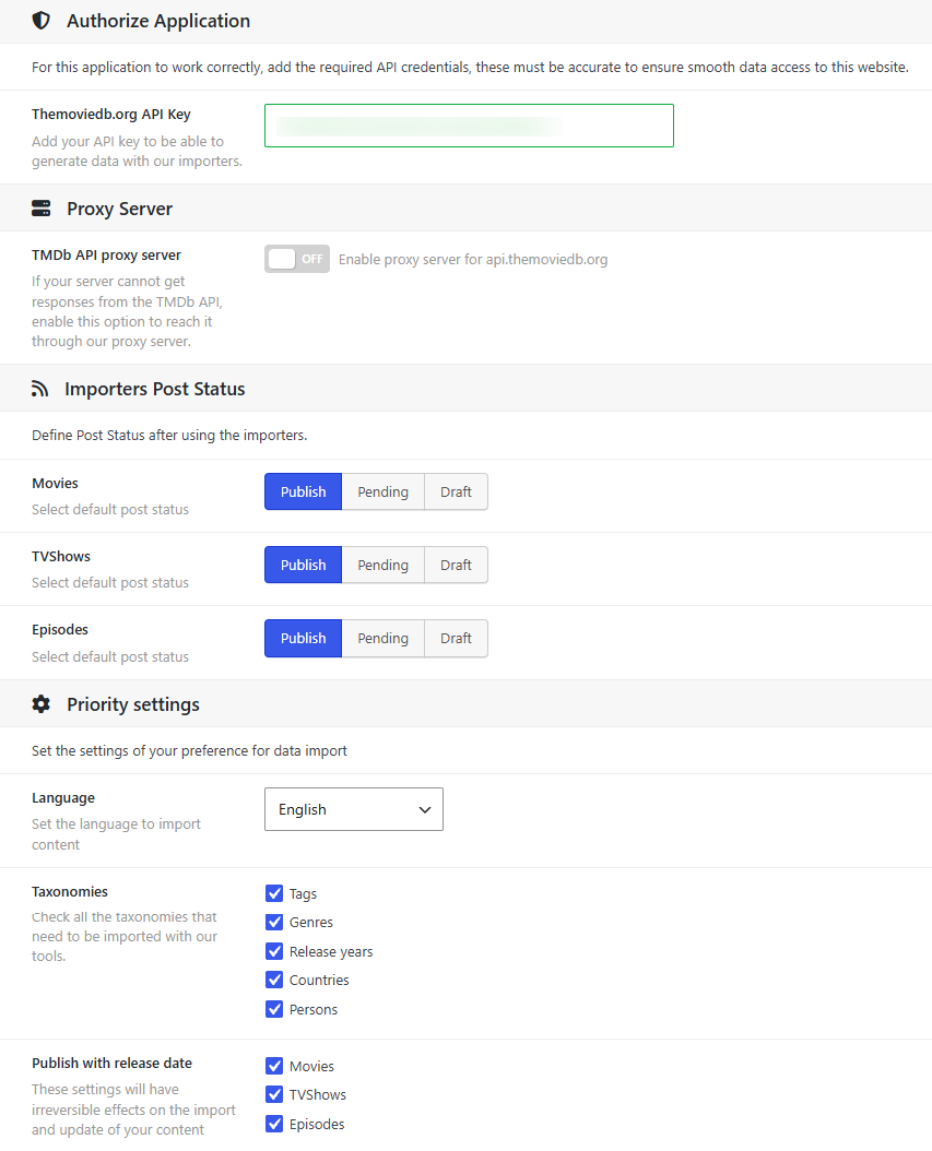 Dbmovies › Settings › Data Importer › Initial settings, with the TMDb API key, the proxy and the post status options