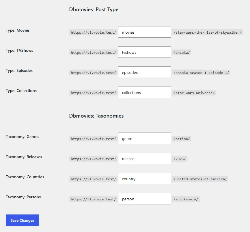 Settings › Permalinks, Optional section, with the Dbmovies fields for movies, TV shows, episodes and taxonomies