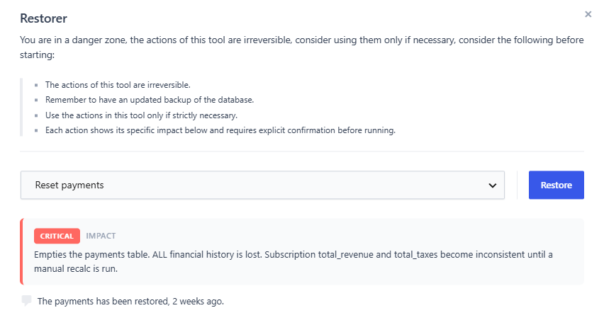The Restorer confirmation dialog for a critical action, with the Yes, execute button