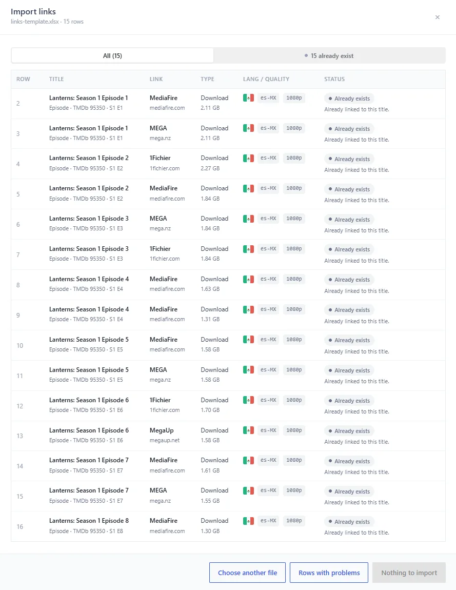 The Import links panel, step 1, with the drop zone, Download template and the guide of columns and values