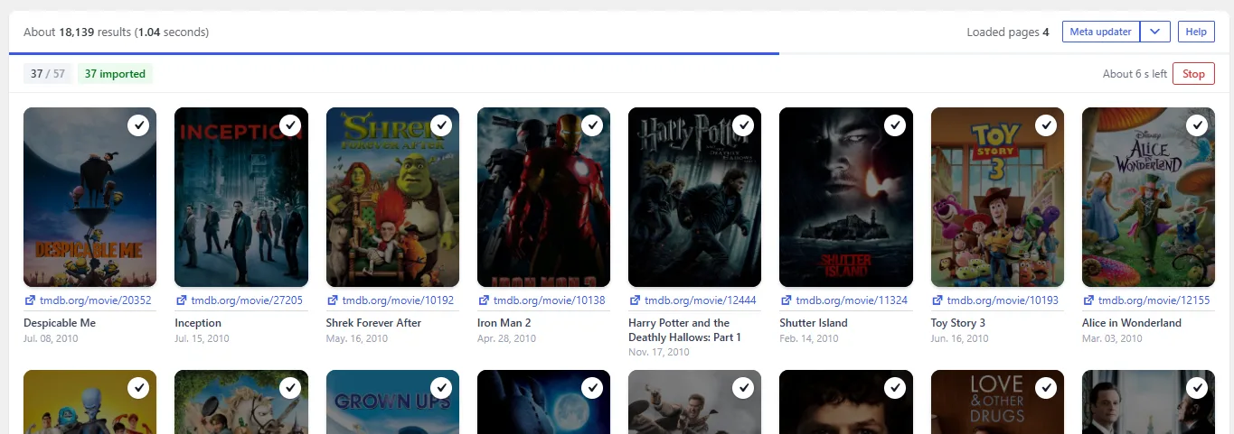 A bulk import in progress, with the progress bar under the results header