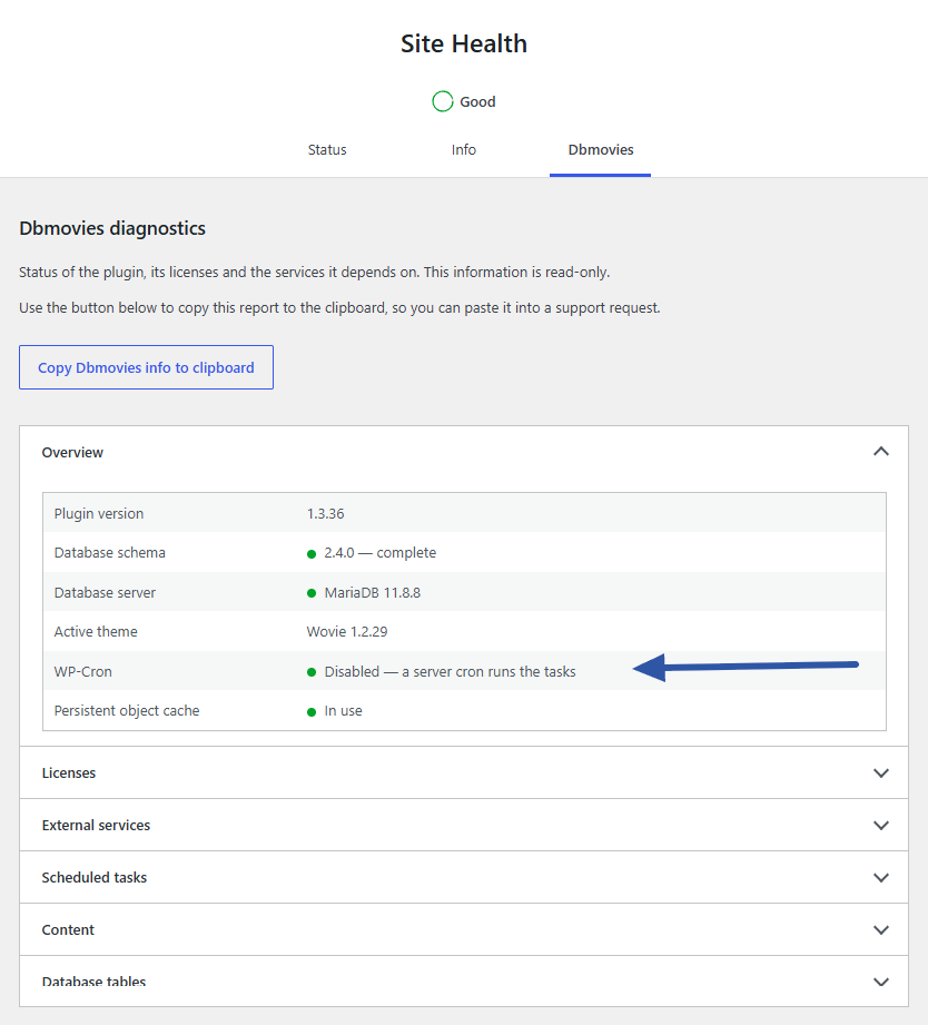 Tools › Site Health › Dbmovies, with the WP-Cron row in Overview and the Scheduled tasks section