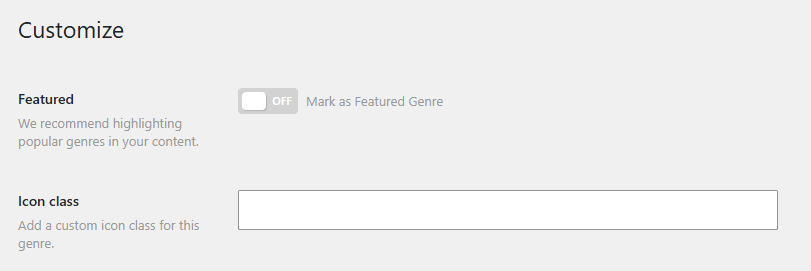 Editing a genre, with the Featured and Icon class fields