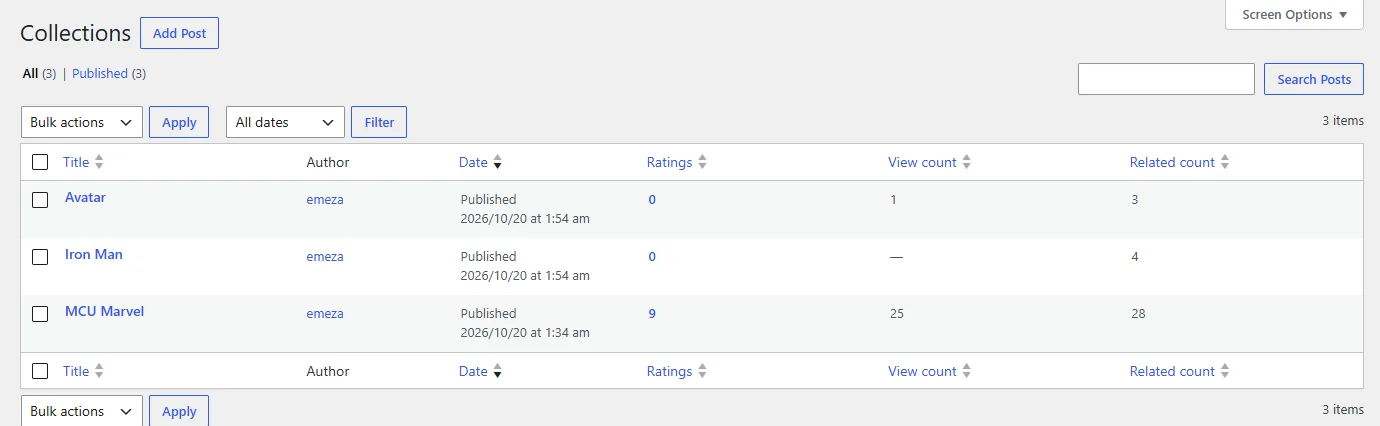 Collections list with the Ratings, View count and Related count columns