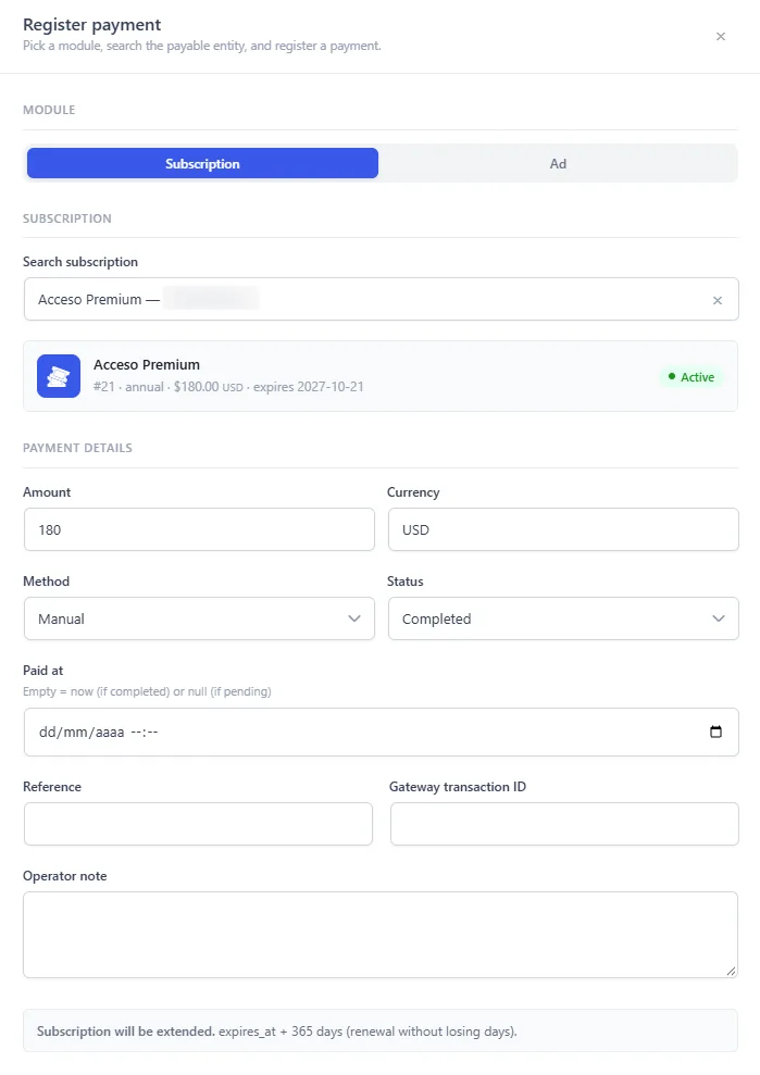The Add payment panel, with the Subscription module, a subscription selected and the message of what will happen to it