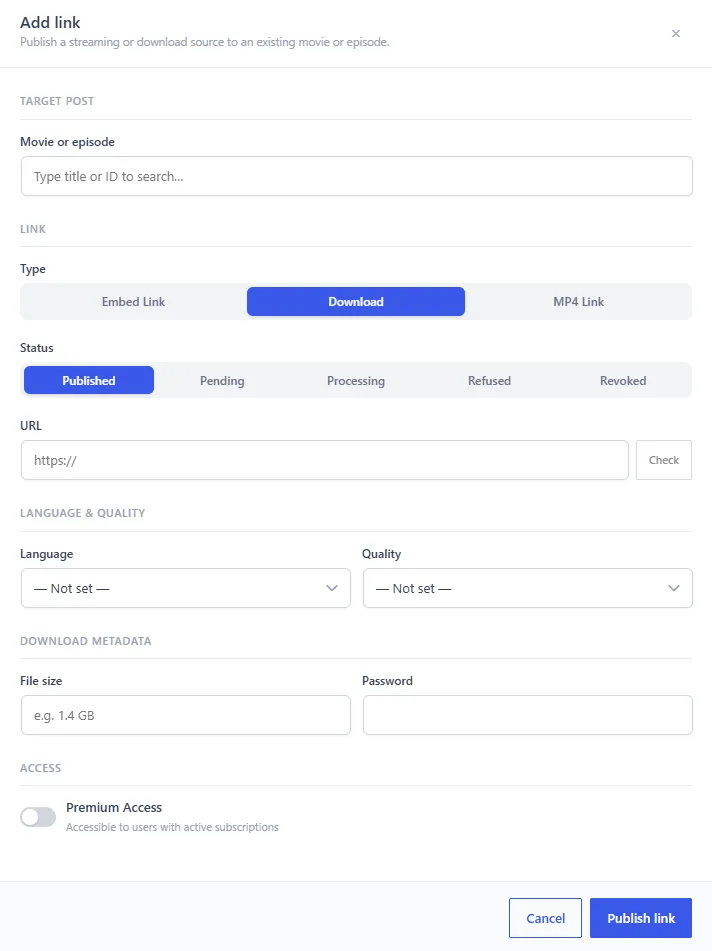 The Add link panel, with a title selected, a URL, and the type, status, language and quality fields