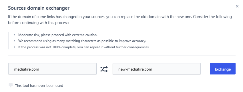 Dbmovies › Tools › Sources domain exchanger, with the Old domain and New domain fields and the result of the last exchange