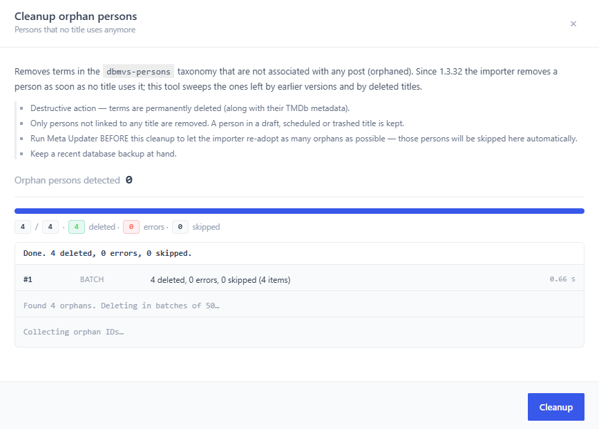 The Cleanup orphan persons panel in the importer, with the number of orphan persons found and the deleted, skipped and errors counters