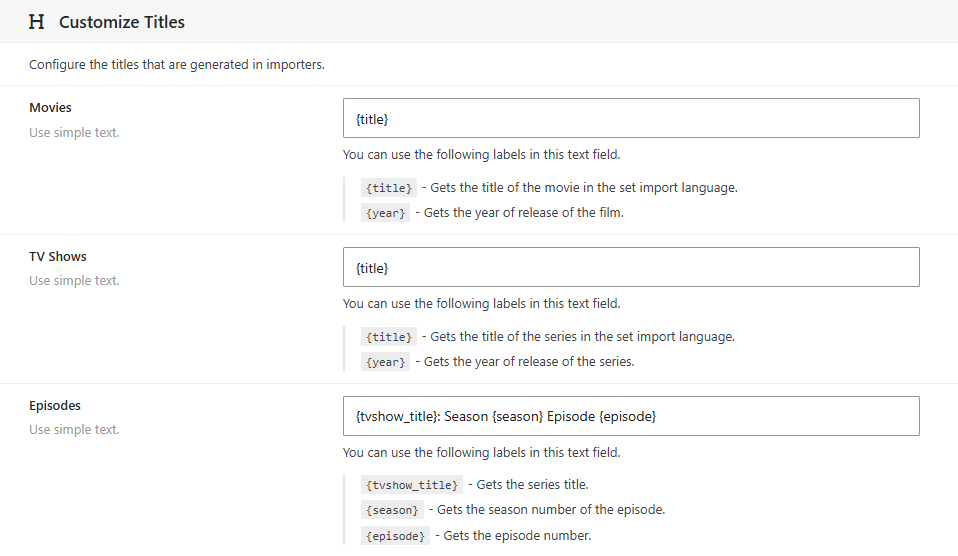 Dbmovies › Settings › Data Importer › Titles / Content, with the title and permalink templates