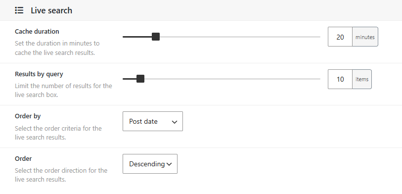 Dbmovies › Settings › Core Modules › Live search, with Cache duration, Results by query, Order by and Order