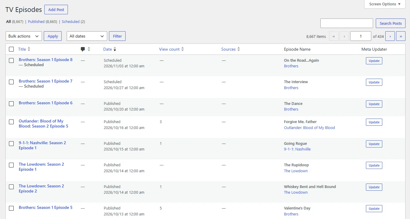 TV Episodes list with the View count, Sources, Episode Name and Meta Updater columns