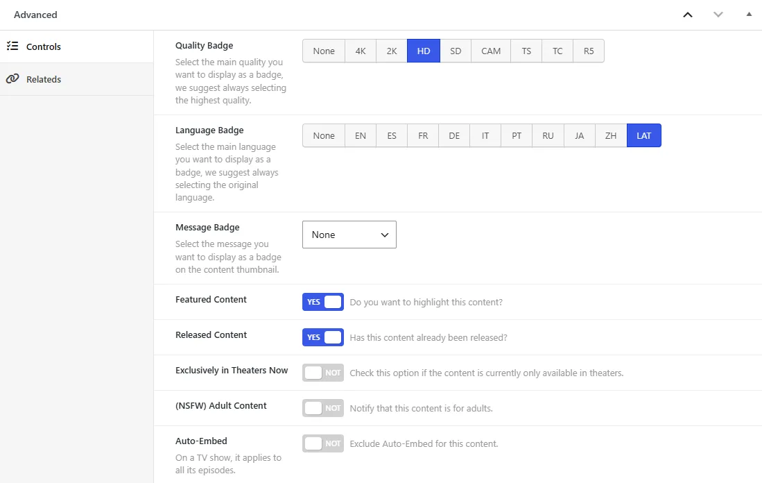 The Advanced box of a movie, Controls tab