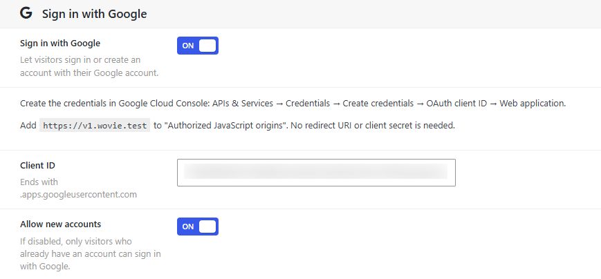 Dbmovies › Settings › Integrations, Sign in with Google, with the switch, the origin to authorize, Client ID and Allow new accounts