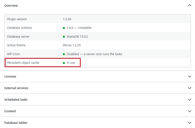 Tools › Site Health › Dbmovies, with the Persistent object cache row In use