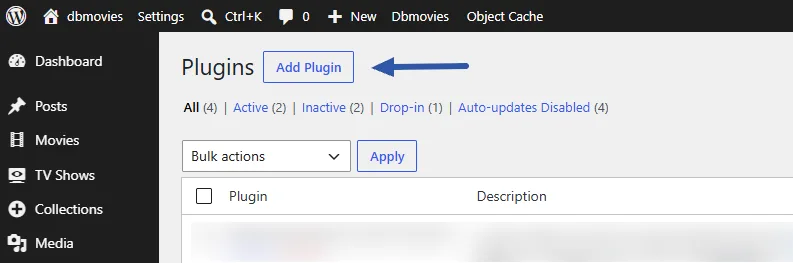 Plugins › Add New Plugin › Upload Plugin, with dbmovies.zip selected and the Install Now button