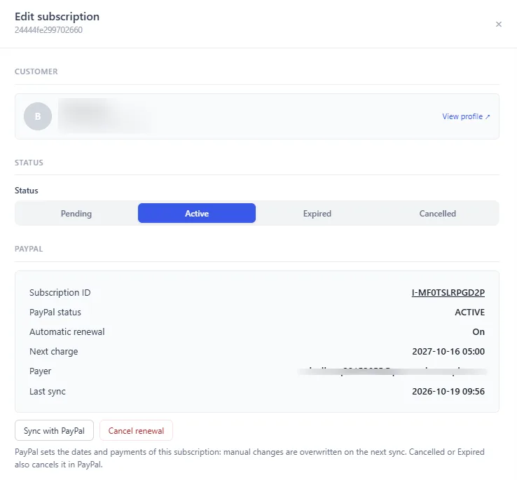 The edit panel of a PayPal subscription, with the PayPal block, the dates and the payments history