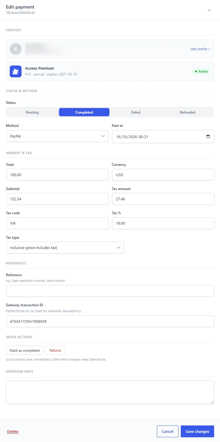 The edit panel of a payment, with Quick actions, Status & method and Amount & tax