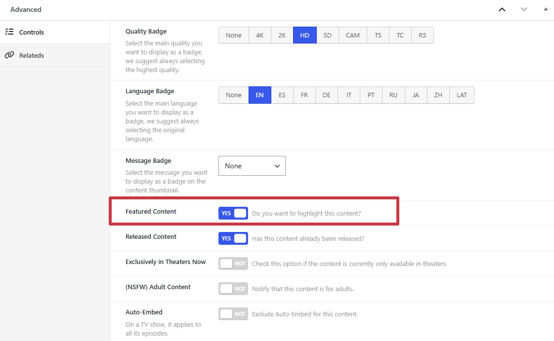 The Advanced box of a movie, with the Featured Content switch on