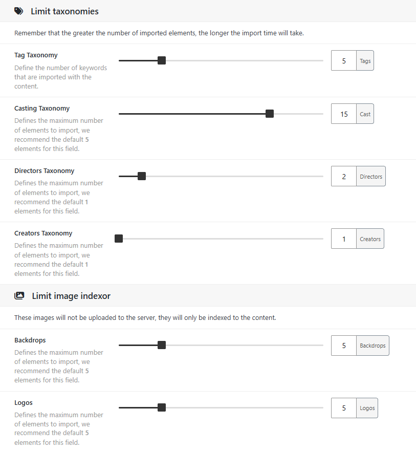 Dbmovies › Settings › Data Importer › Import Limits, with the taxonomy and image limits