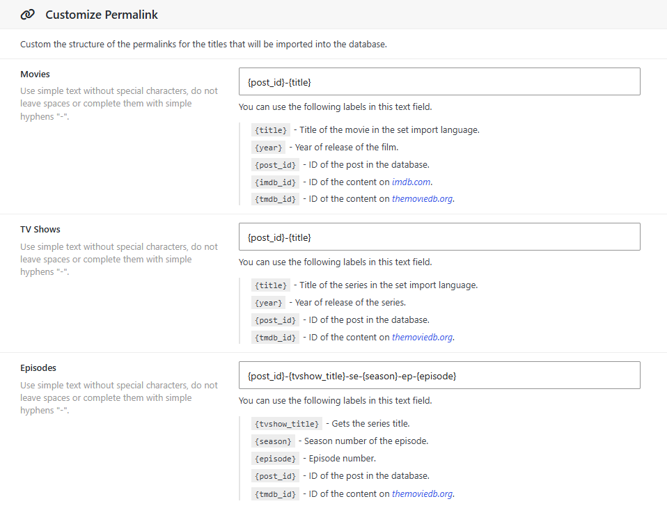Dbmovies › Settings › Data Importer › Titles / Content, with the three permalink templates