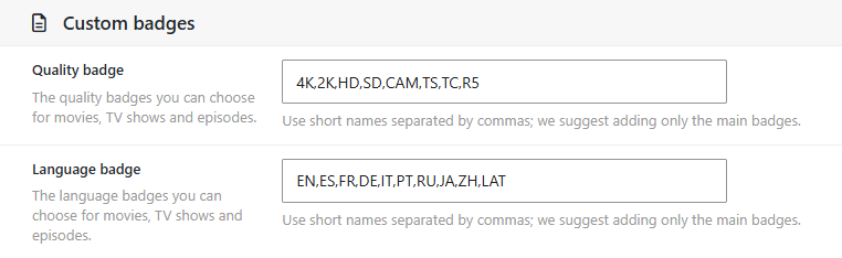 Dbmovies › Settings › Main settings, section Custom badges, with the Quality badge and Language badge fields
