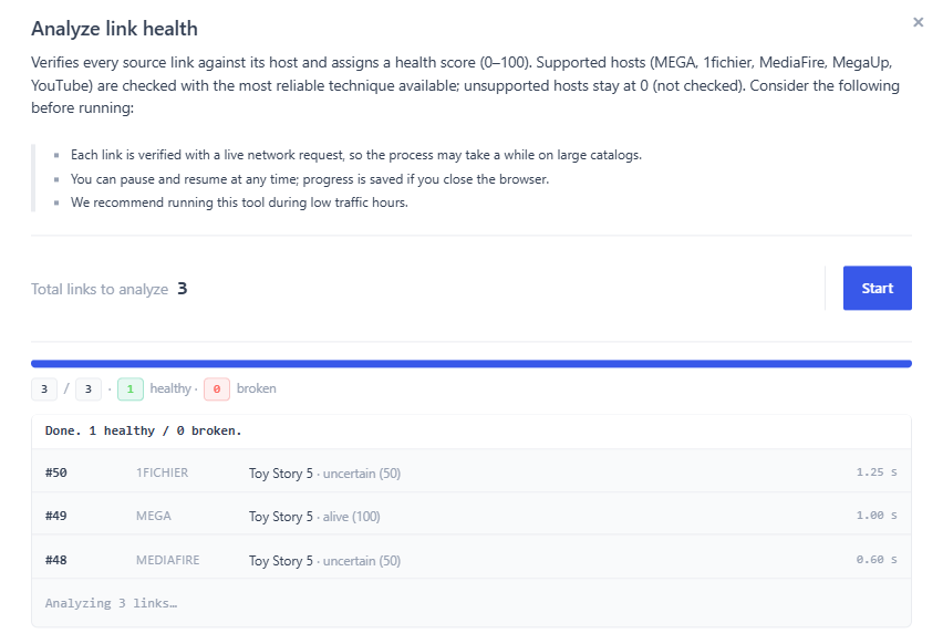 The Analyze link health panel during an analysis, with the progress bar, the healthy and broken counters and the Pause and Stop buttons