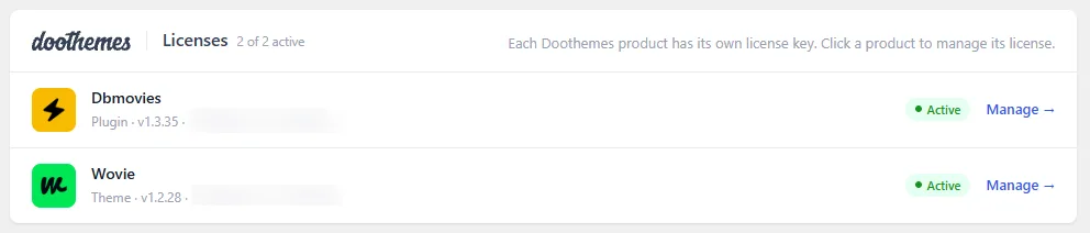Dbmovies › Updates with the Dbmovies and Wovie rows, their icons, versions, keys and status