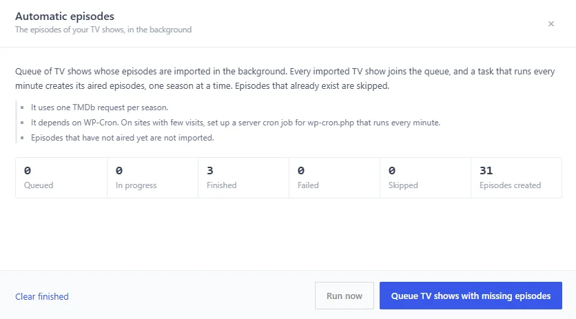 The Automatic episodes panel in the importer, with the counters and the list of TV shows in the queue