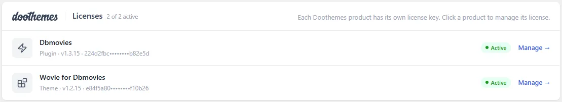 Manage the Doothemes licenses that your website requires.