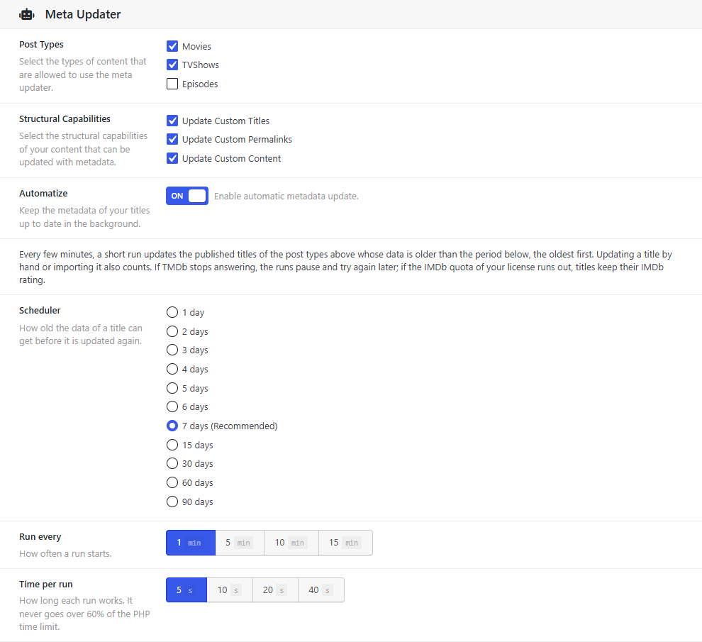 Settings › Data Importer › Meta Updater, with Automatize on and the Scheduler, Run every and Time per run options